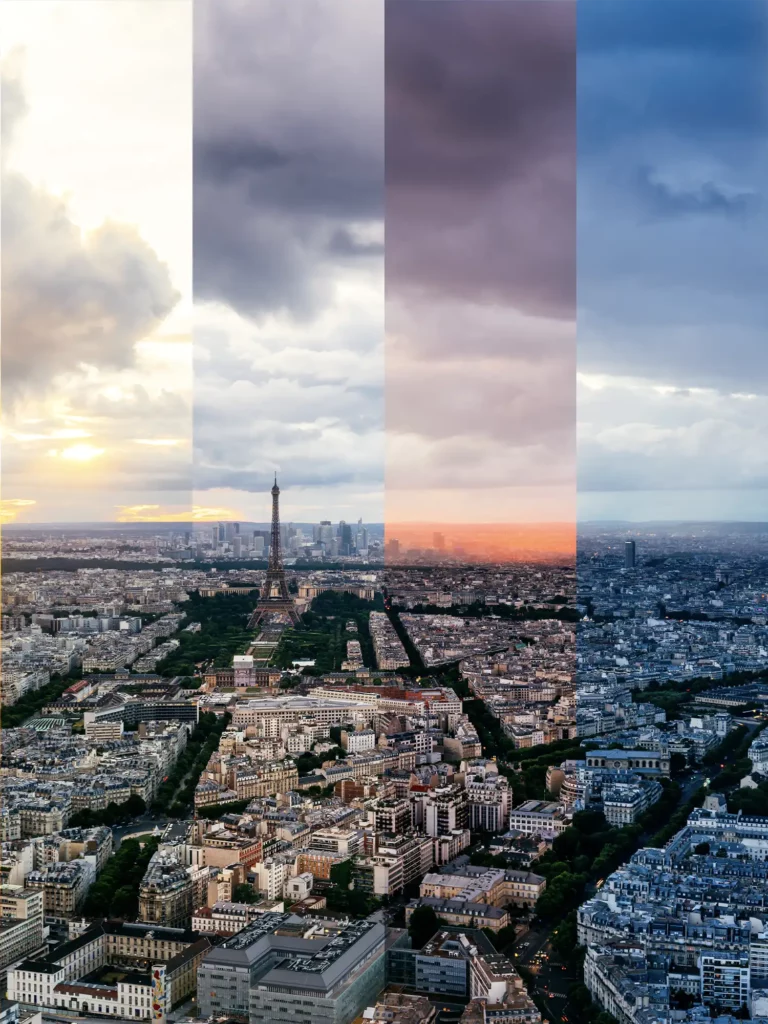 Panoramic aerial view of Paris city skyline and Eiffel Tower during the sunset. Time slice photography from afternoon to night.