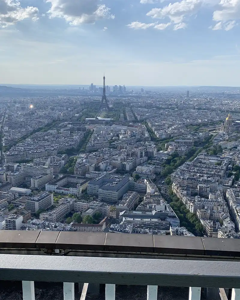 Panorama Sunset View of Eiffel Tower Paris Skyline from top of Tour Montparnasse