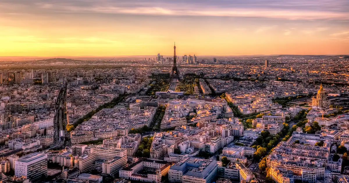 Panorama Sunset View of Eiffel Tower Paris Skyline from top of Tour Montparnasse